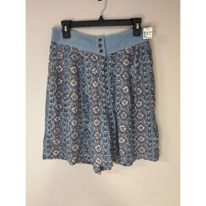 Vintage Cowboy Flowy Denim Waist Floral Print Shorts Womens Large Blue High Rise